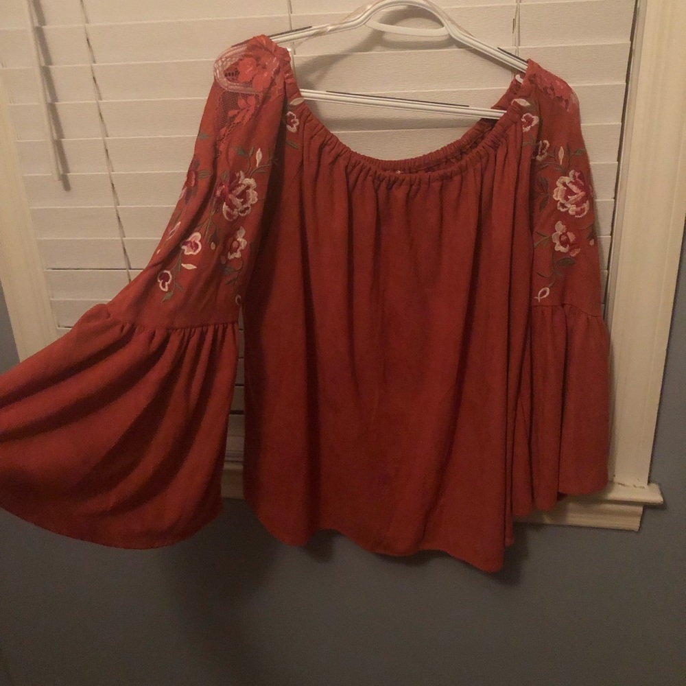 Off the shoulder embroidered suede like top